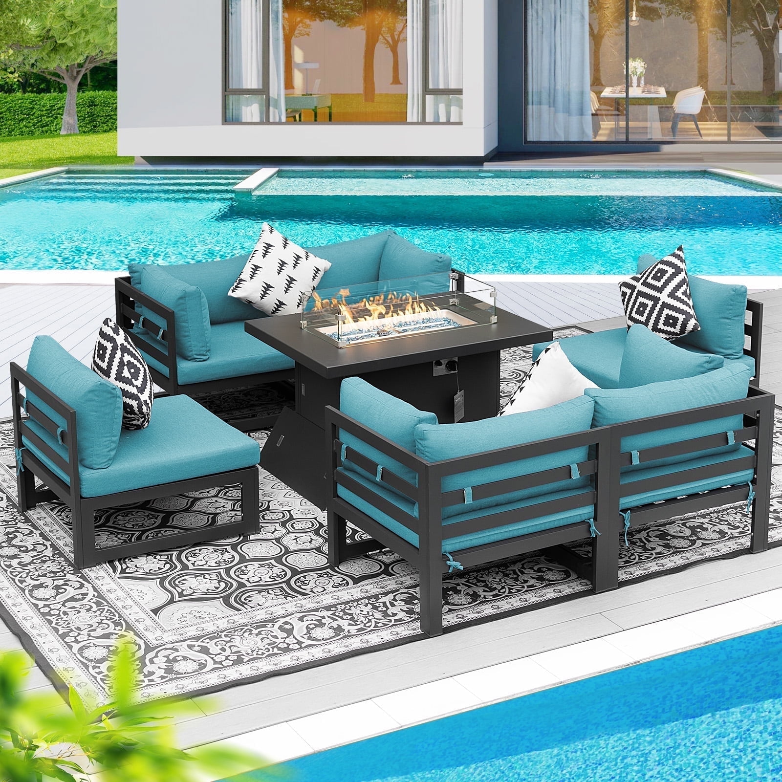 NICESOUL 7 Pieces Aluminum Outdoor Patio Sectional Furniture Sofa Set with Fire Pit Table Large Size Luxury Comfortable Durable Water UV Resistant Garden Porch Backyard Party Teal Blue Cushion Walmart...