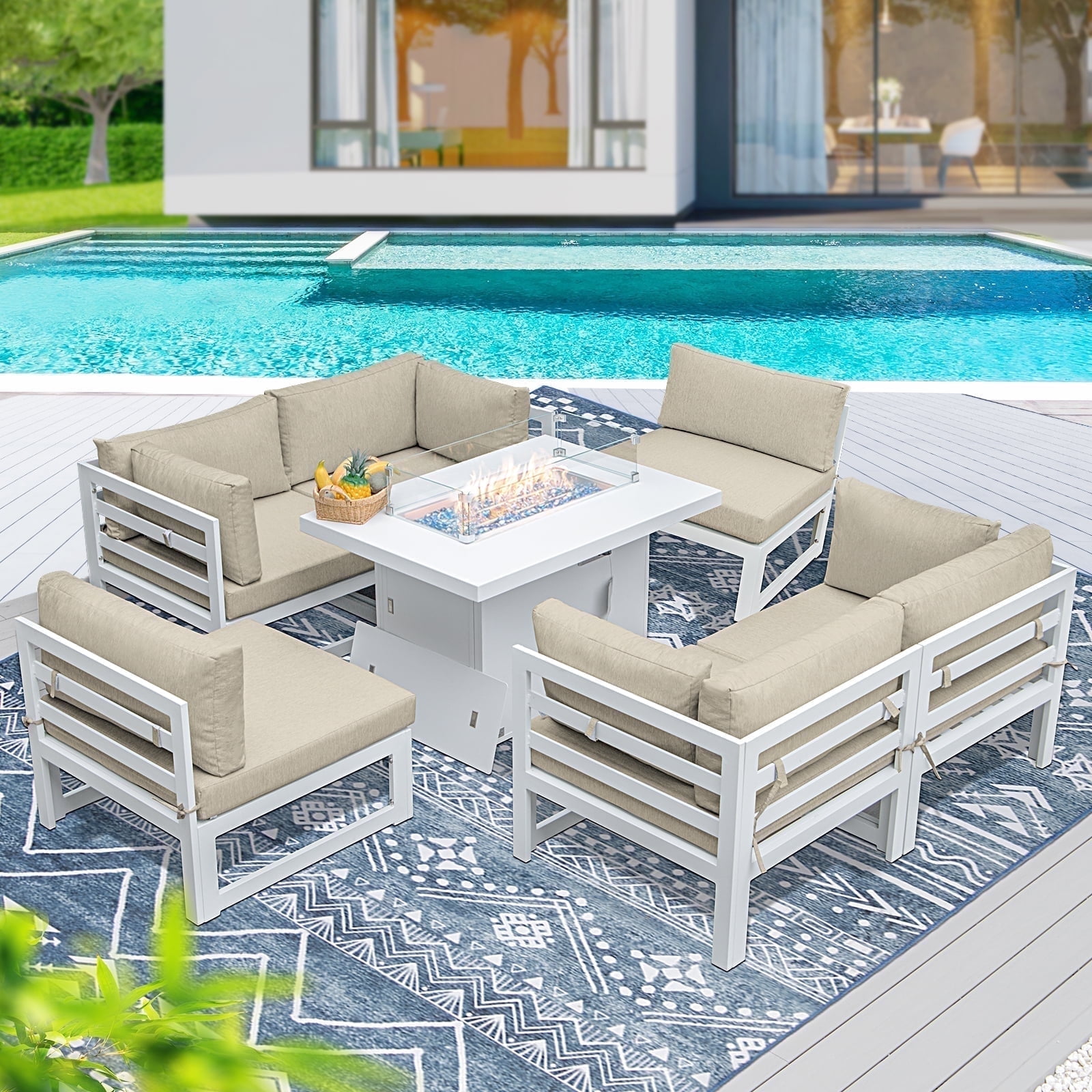 Grand Patio 7-Piece Wicker Patio Furniture Set - Outdoor Sectional Sofa With Beige Cushions & Glass Table