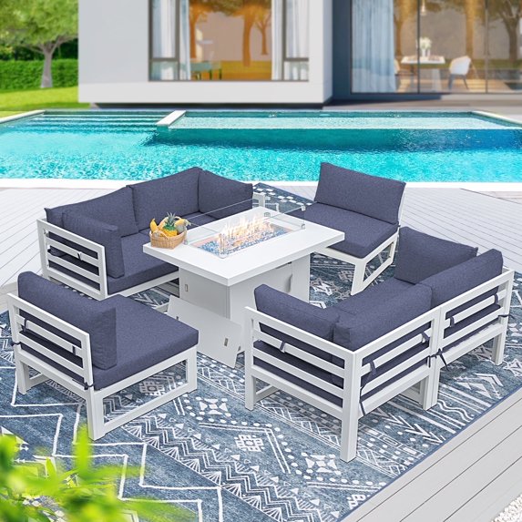 RADIATA 7 Pieces Aluminum Outdoor Patio Sectional Furniture Sofa Set with Fire Pit Table Large Size Luxury Comfortable Durable Water/UV-Resistant Garden Porch Backyard Party (Denim Blue Cushion)