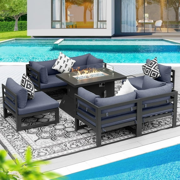 RADIATA 7 Pieces Aluminum Outdoor Patio Sectional Furniture Sofa Set with Fire Pit Table Large Size Luxury Comfortable Durable Water/UV-Resistant Garden Porch Backyard Party (Denim Blue Cushion)