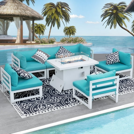 RADIATA 7 Pieces Aluminum Outdoor Patio Sectional Furniture Sofa Set with Fire Pit Table Large Size Luxury Comfortable Durable Water/UV-Resistant Garden Porch Backyard Party (Teal Blue Cushion)