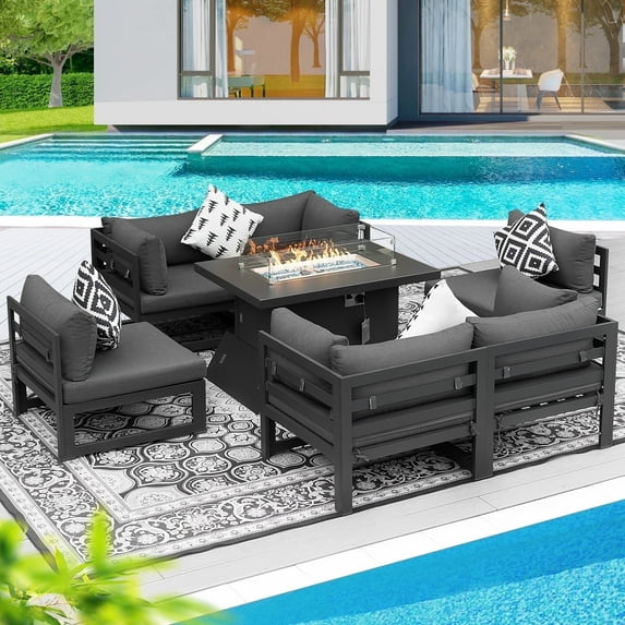RADIATA® 7 Pieces Aluminum Patio Furniture with Fire Pit Outdoor Conversation Set 43" Propane Gas Convertable Fire Pit Table Safe Approved Modern Luxury Sofa Set Grey Color