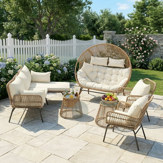 RADIATA 7 Pieces Beige Boho Outdoor Patio Furniture Sets with Double Egg Chair, Conversation Sectional Sofa Set with Side Table & Ice Bucket for Backyard