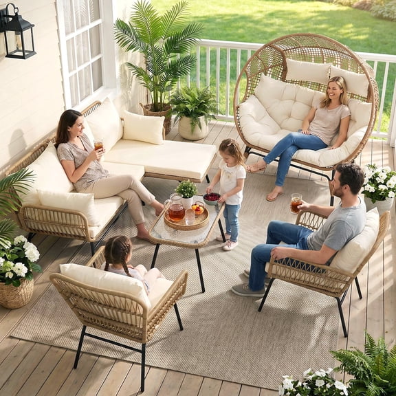 RADIATA 5 Pieces Beige Boho Outdoor Patio Furniture Sets with Double Egg Chair, Conversation Sectional Sofa Set with Side Table for Backyard