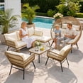 thumbnail image 1 of RADIATA 5 Pieces Beige Boho Outdoor Patio Furniture Sets with Double Egg Chair, Conversation Sectional Sofa Set with Side Table & Ice Bucket for Backyard, 1 of 11