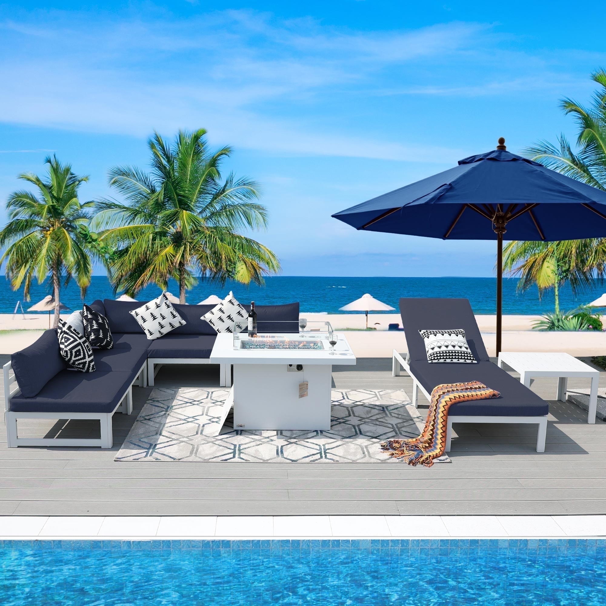 RADIATA 8 Pieces Aluminum Outdoor Patio Sectional Furniture Sofa Set with Fire Pit Table and Chaise Lounge Weather-Resistant for Porch Backyard Thicken Denim Blue Olefin Cushions Luxury