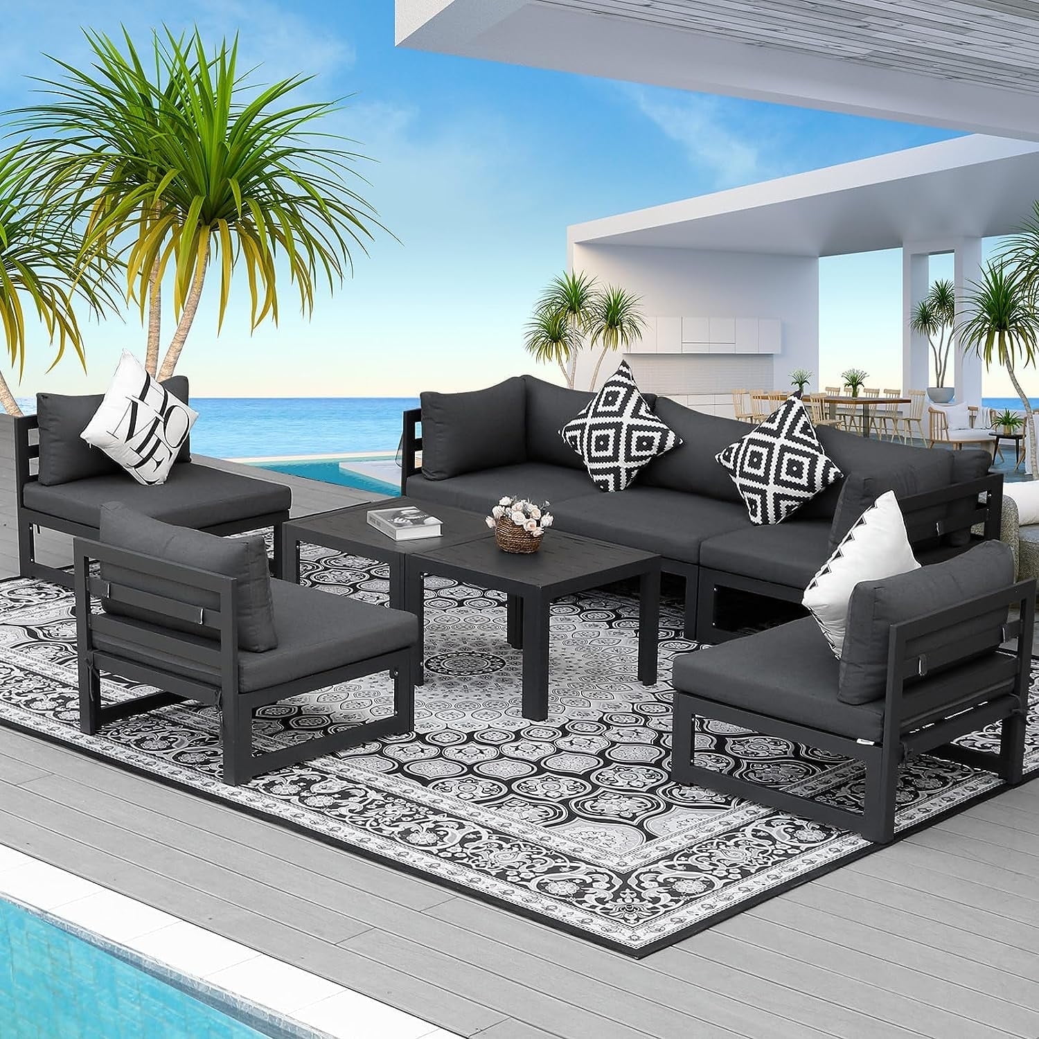 NICESOUL 8 Pieces Large Outdoor Aluminum Furniture Set with Tables Patio Seating Conversation Set Grey Aluminum Modern Patio Sofa Sectional