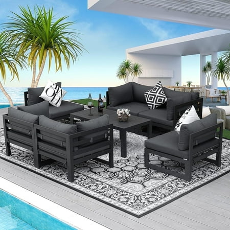 RADIATA® 8 Pieces Large Outdoor Aluminum Furniture Set with Tables Patio Seating Conversation Set Grey Aluminum Modern Patio Sofa Sectional