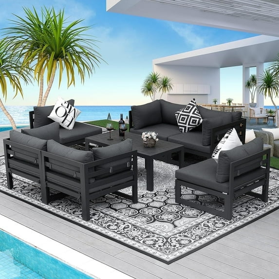 RADIATA® 8 Pieces Large Outdoor Aluminum Furniture Set with Tables Patio Seating Conversation Set Grey Aluminum Modern Patio Sofa Sectional