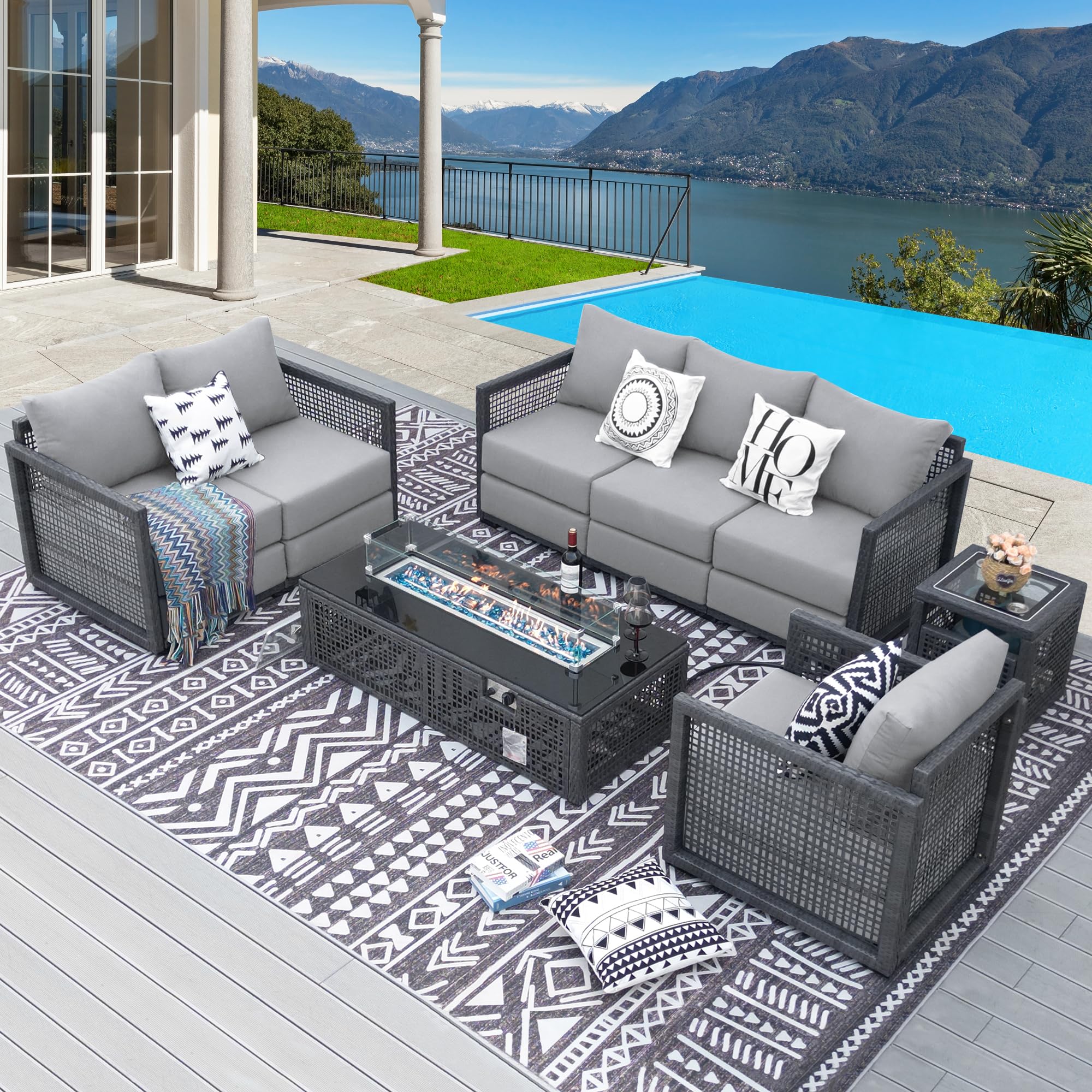 NICESOUL 8 Pieces PE Wicker Heated Patio Furniture Sectional High Back