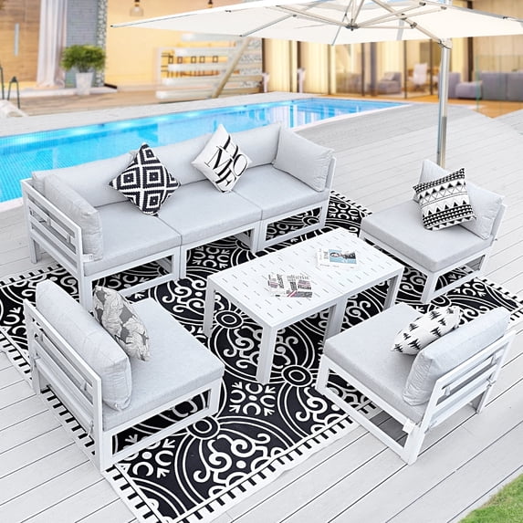 RADIATA 8 Pieces White Aluminum Patio Furniture Set Outdoor Furniture Sectional with Side Tables All Weather Aluminum Frame Conversation Set Aluminum Set for Porch Balcony Poolside