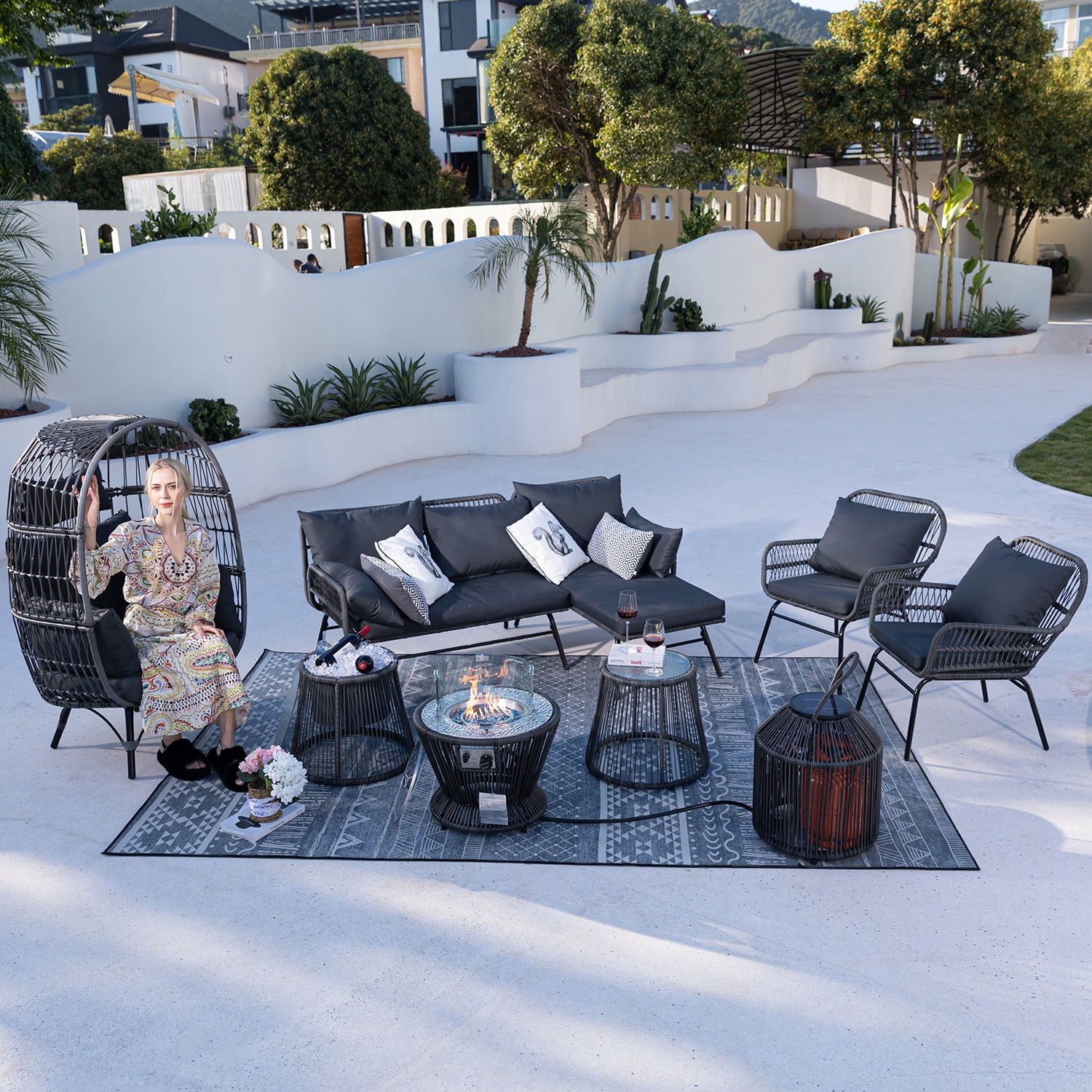 NICESOUL 9 Pcs Boho Outdoor Furniture Set with Fire Pit Table Wicker ...