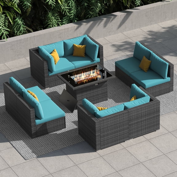 RADIATA 9 Pcs Outdoor Furniture with Fire Pit Table Wicker Dark Gray/Aqua