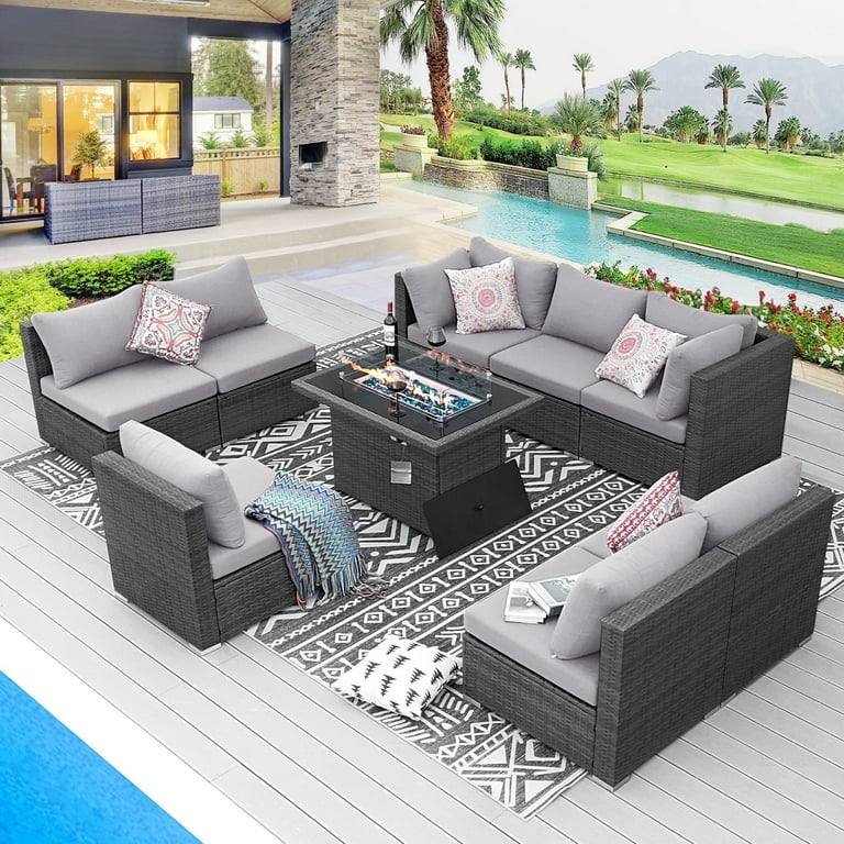 NICESOUL 9 Pcs Outdoor Furniture with Fire Pit Table Wicker Patio Sectional Sofa Conversation Sets Light Gray