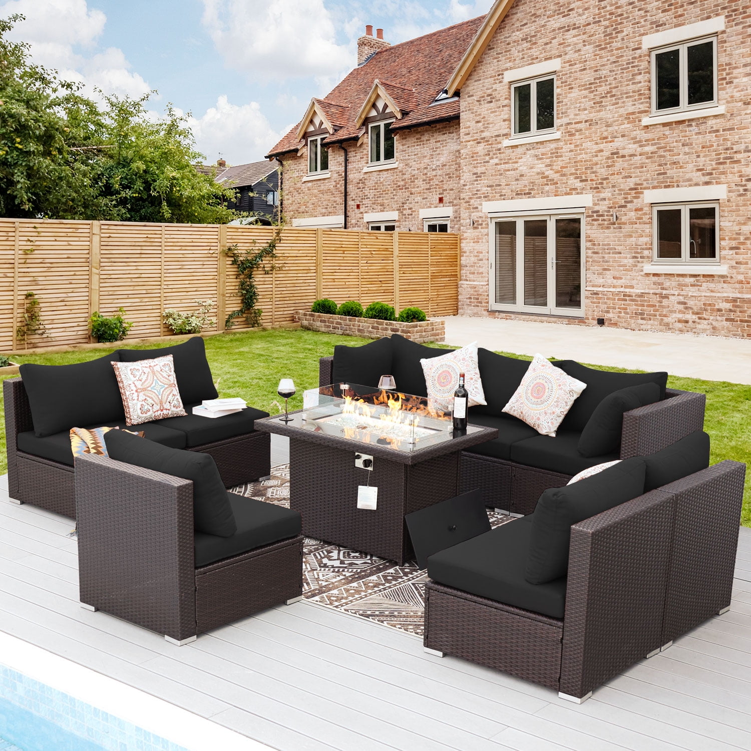 NICESOUL 9 Pcs Outdoor Furniture with Fire Pit Table Wicker Patio