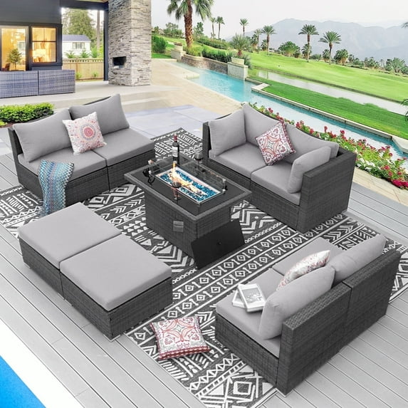 RADIATA 9 Pcs Outdoor Furniture with Fire Pit Table, Wicker Sectional Sets, Light Gray