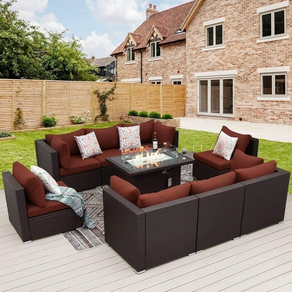 RADIATA 9 Pcs Outdoor Sofa Set with Fire Pit Table Wicker Sectional Espresso/Red