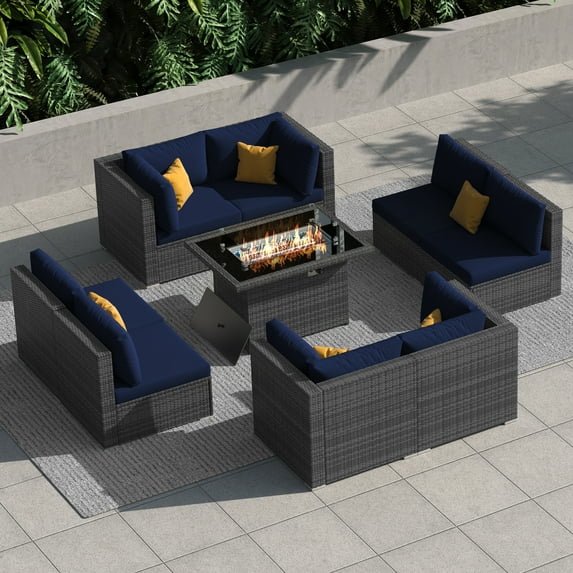 RADIATA 9 Pcs Outdoor Wicker Furniture with Fire Pit Table Dark Gray/Navy