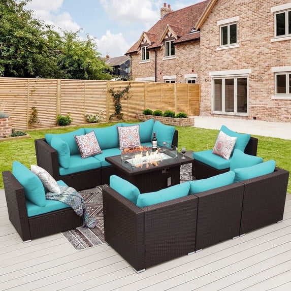 RADIATA 9 Pcs Outdoor Wicker Furniture with Fire Pit Table Espresso/Aqua