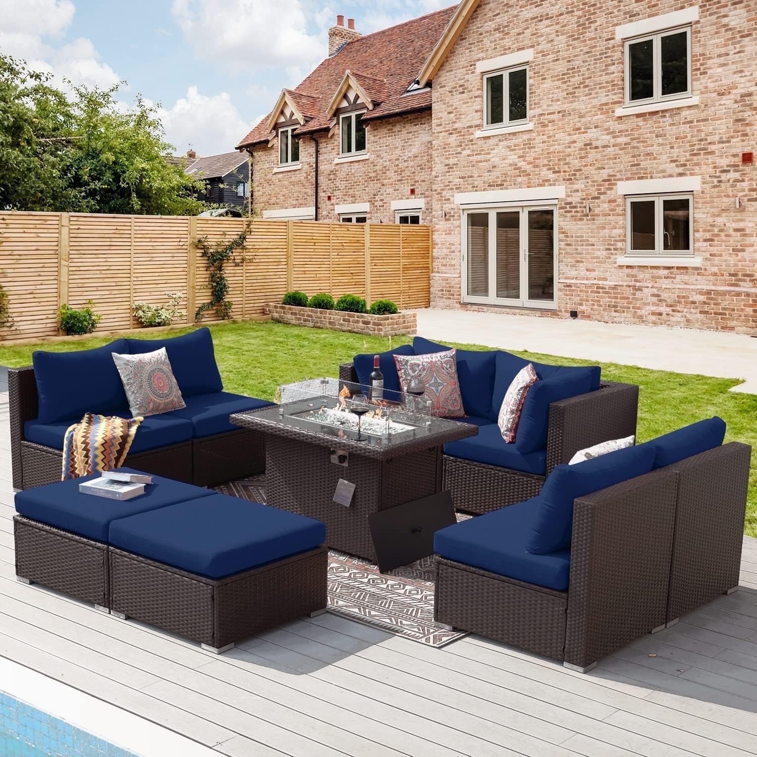 RADIATA 9 Pcs Outdoor Wicker Furniture with Fire Pit Table Espresso/Navy