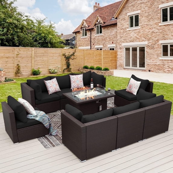 RADIATA 9 Pcs Patio Sofa with Fire Pit Table Wicker Set Espresso/Black