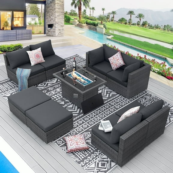 RADIATA 9 Pcs Patio Wicker Sofa Set with Fire Pit Table Outdoor Dark Gray