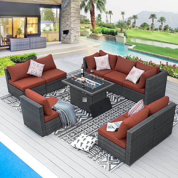RADIATA 9 Pcs Patio Wicker Sofa Sofa with Fire Pit Table Dark Gray/Red