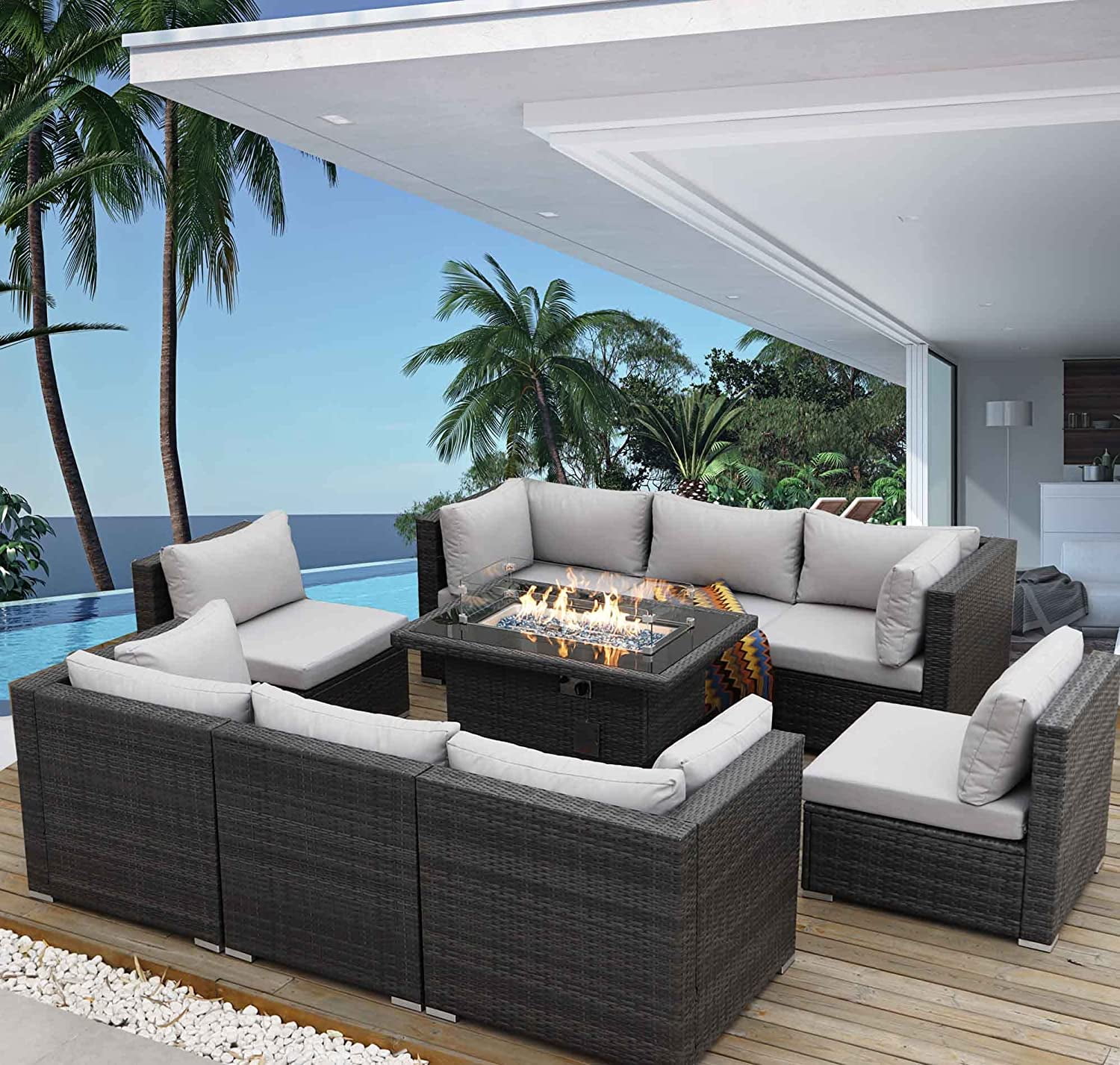 NICESOUL 9 Pcs Rattan Outdoor Patio Sets with Fire Pit Table Light Gray