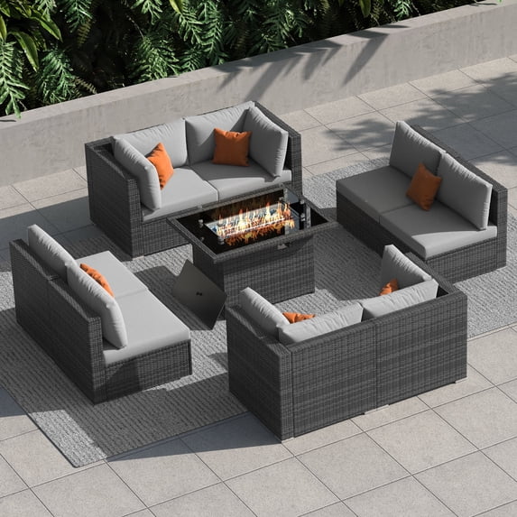 RADIATA 9 Pcs Rattan Outdoor Patio Sets with Fire Pit Table Light Gray