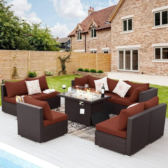 RADIATA 9 Pcs Wicker Patio Sofa Set with Fire Pit Table Espresso/Red