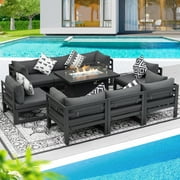 NICESOUL® 9 Piece Outdoor Aluminum Furniture with Fire Pit Patio Conversation Set Modern 43" Propane Gas Convertable Fire Pit Table Safe Approved Outdoor Luxury Sectional Sofa Set Grey Color