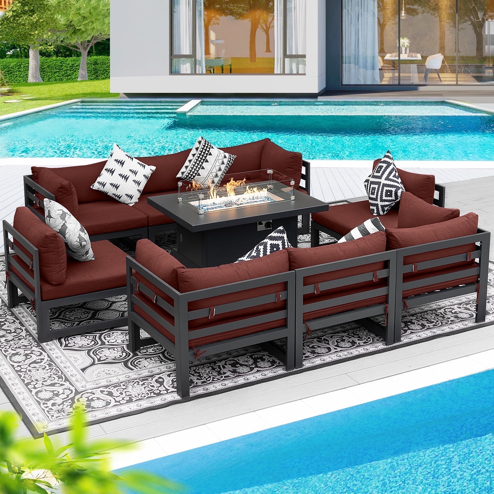 NICESOUL 9 Pieces Aluminum Outdoor Patio Sectional Furniture Sofa Set with Fire Pit Table Large Size Luxury Comfortable Durable Water UV Resistant
