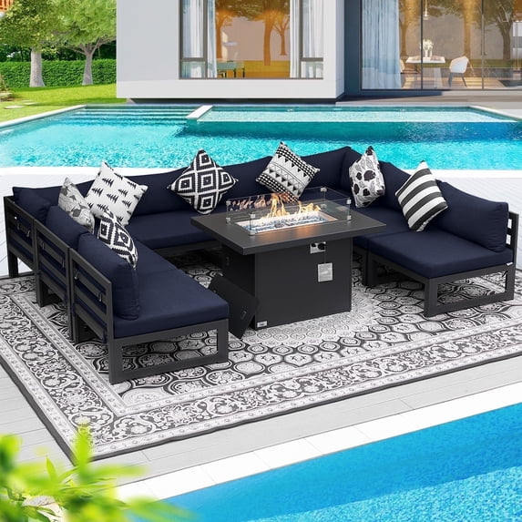 RADIATA 9 Pieces Aluminum Outdoor Patio Sectional Furniture Sofa Set with Fire Pit Table Large Size Luxury Comfortable Durable Water/UV-Resistant Garden Porch Backyard Party (Navy Blue Cushion)