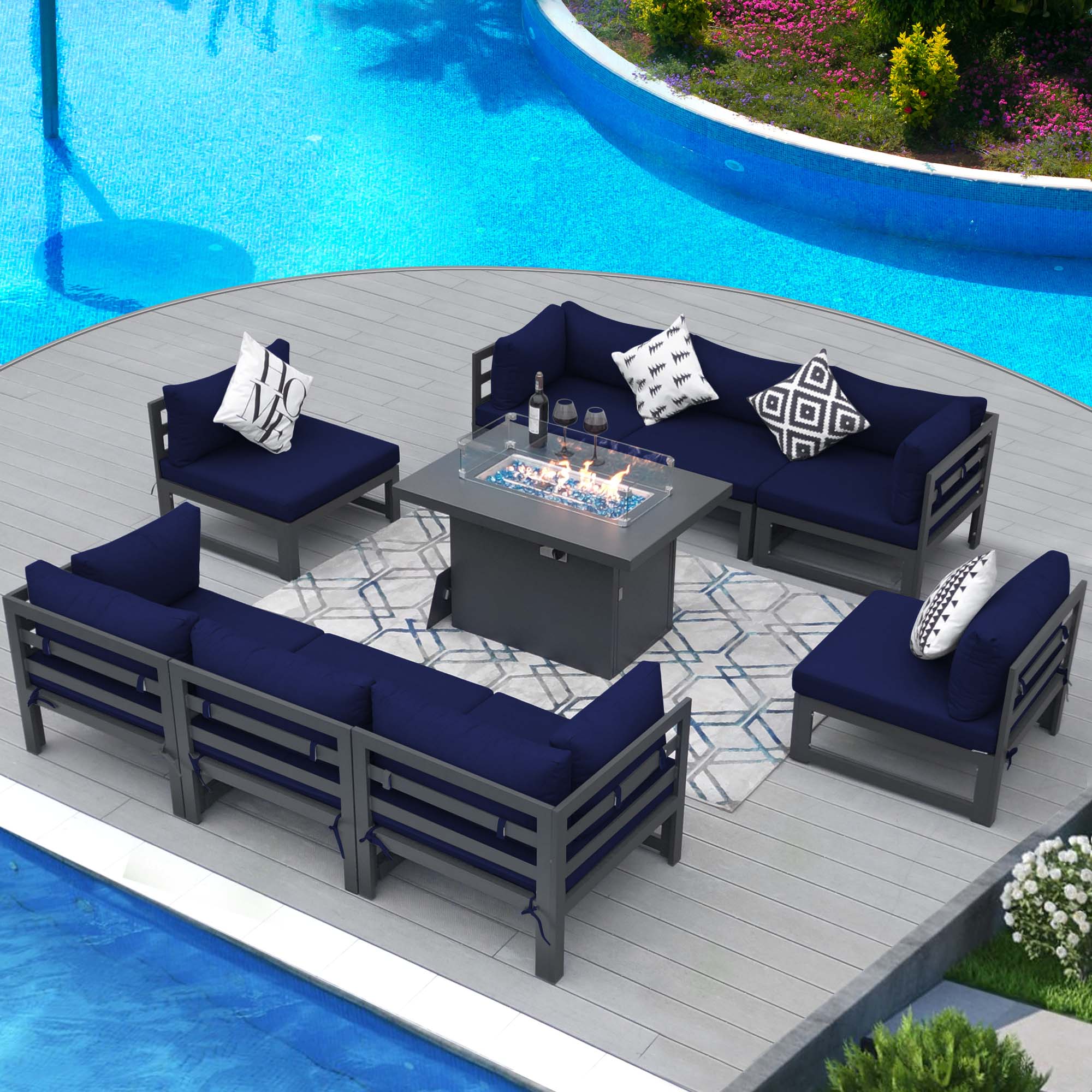 NICESOUL 9 Pieces Aluminum Outdoor Patio Sectional Furniture Sofa Set with Fire Pit Table Large
