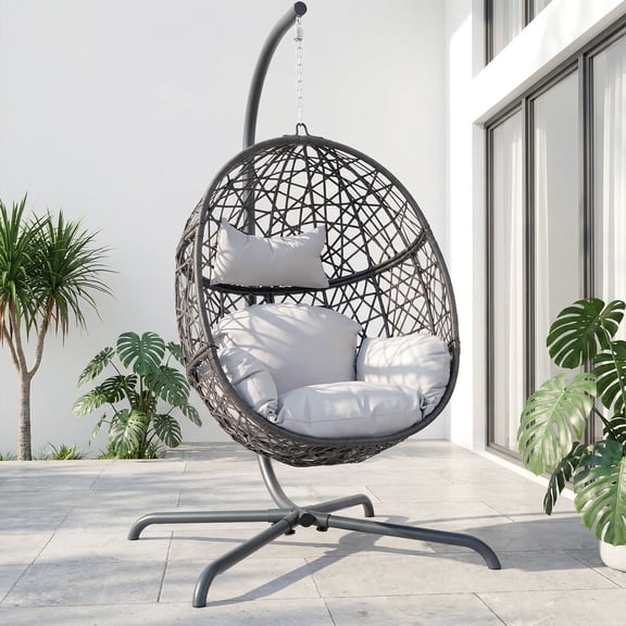 RADIATA Hanging Egg Chair with Stand, Oversized Indoor Outdoor Rattan Swing Chair, 450 lbs Bird Nest Basket Seat, Padded Wicker Egg Chair for Patio Balcony Porch, Light Gray