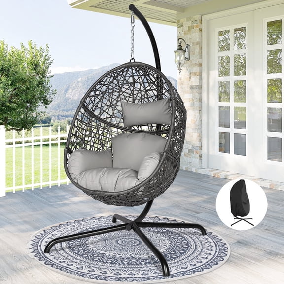 RADIATA Hanging Egg Chair with Stand & Rain Cover, Oversized Outdoor Indoor Swing Egg Chair, 400 lbs Wicker Rattan Nest Seat with Cushion, Patio Egg Chair for Balcony Porch, Light Gray
