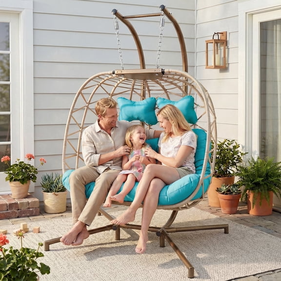 RADIATA Double Egg Chair with Stand, 2 Person Egg Chair Outdoor Swing for Patio Garden, Handwoven Wicker Swing Egg Chair with 5-Inch Thick Cushion, 670lbs Capacity,Teal Green