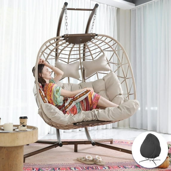 RADIATA Oversized 2 Person Swing Egg Chair Double Hanging Egg Chair with Stand Extra Large Wicker Patio Twins Egg Basket Chair for Two 700 lbs Capaticy for Bedroom Balcony Patio, Brown