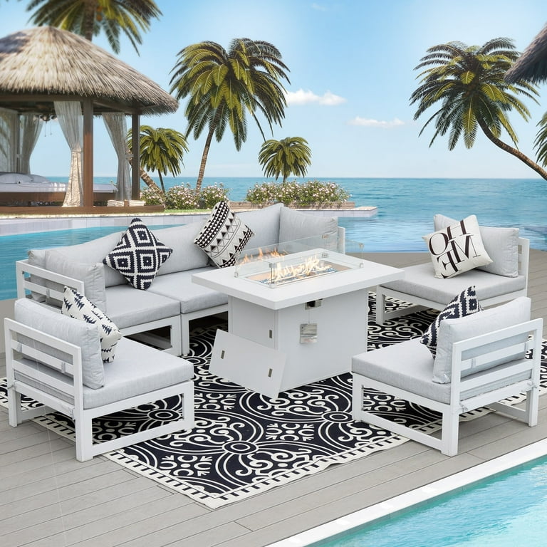 NICESOUL 6-Seater Aluminum Outdoor Furniture with Gas Fire Pit