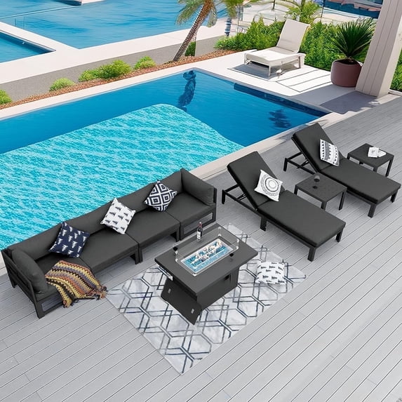 RADIATA® Aluminum Patio Furniture Set with Lounge and Fire Pit Table 9 Pieces Conversation Sofa Set 43" Propane Fire Table Safe Approved Modern Luxury All-Weather Patio Couch Grey