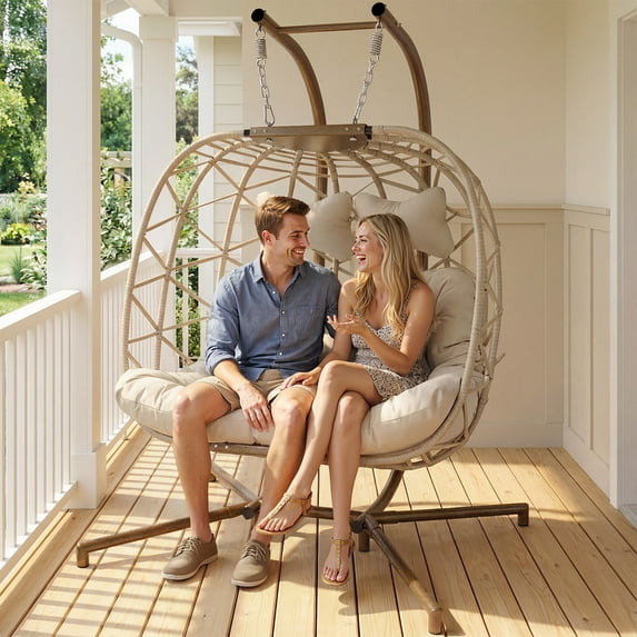 RADIATA Oversized 2 Person Swing Egg Chair Double Hanging Egg Chair with Stand Extra Large Wicker Patio Twins Egg Basket Chair for Two 700 lbs Capaticy for Bedroom Balcony Patio (Beige)