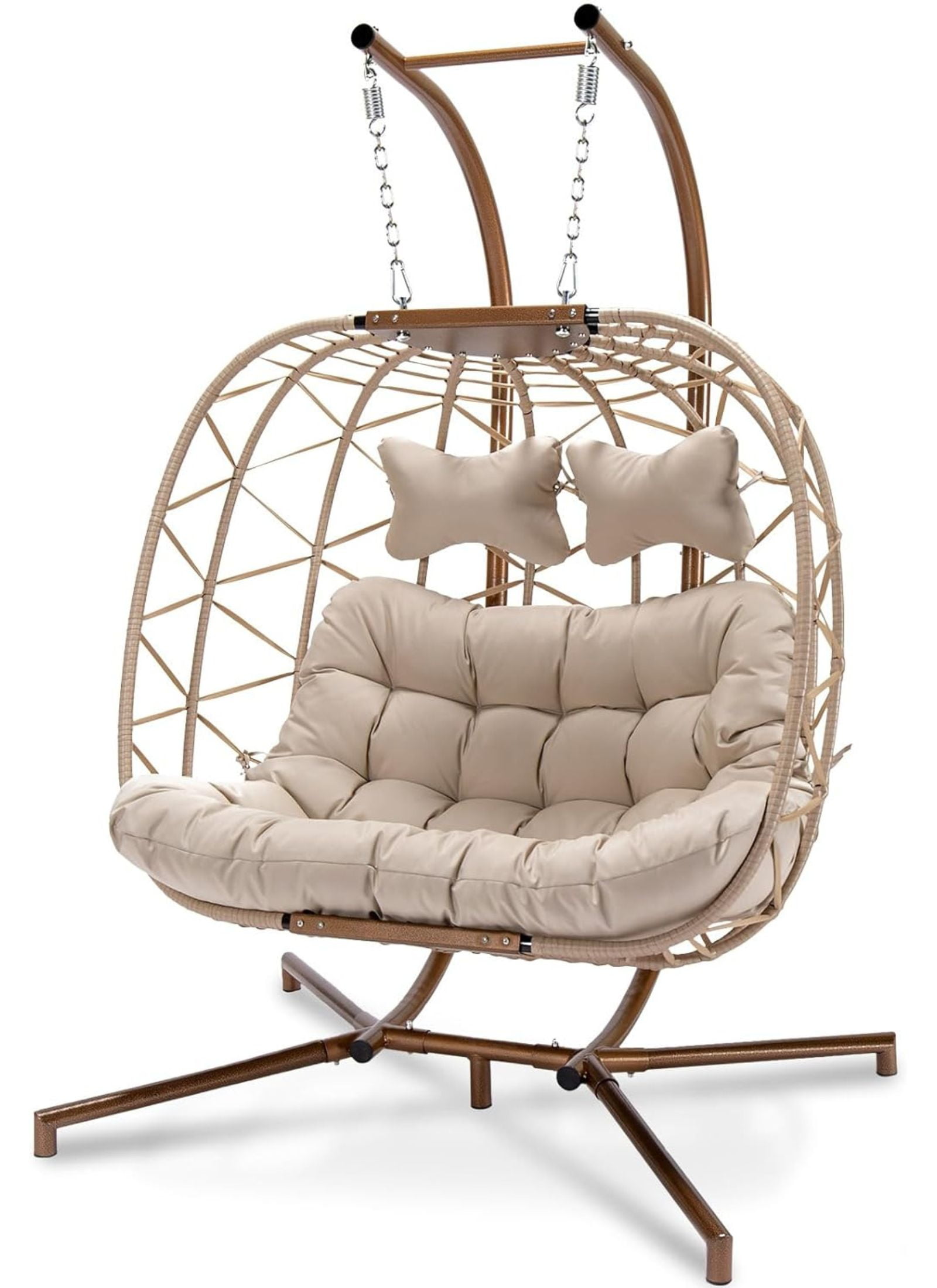 NICESOUL Beige Double Egg Chair With Stand, Wicker Luxury Patio