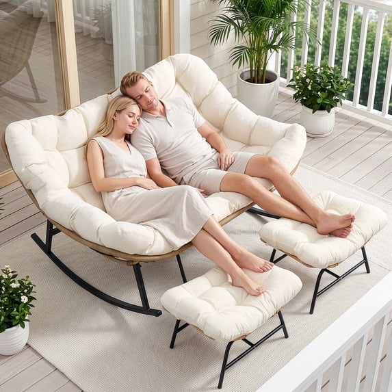 RADIATA 2-Person Patio Rocking Papasan Chair with Ottoman, Oversized Double Egg Loveseat with Cushion, 620 lbs Wicker Glider Recliner for Outdoor Indoor, Lawn, Deck, Garden, Beige