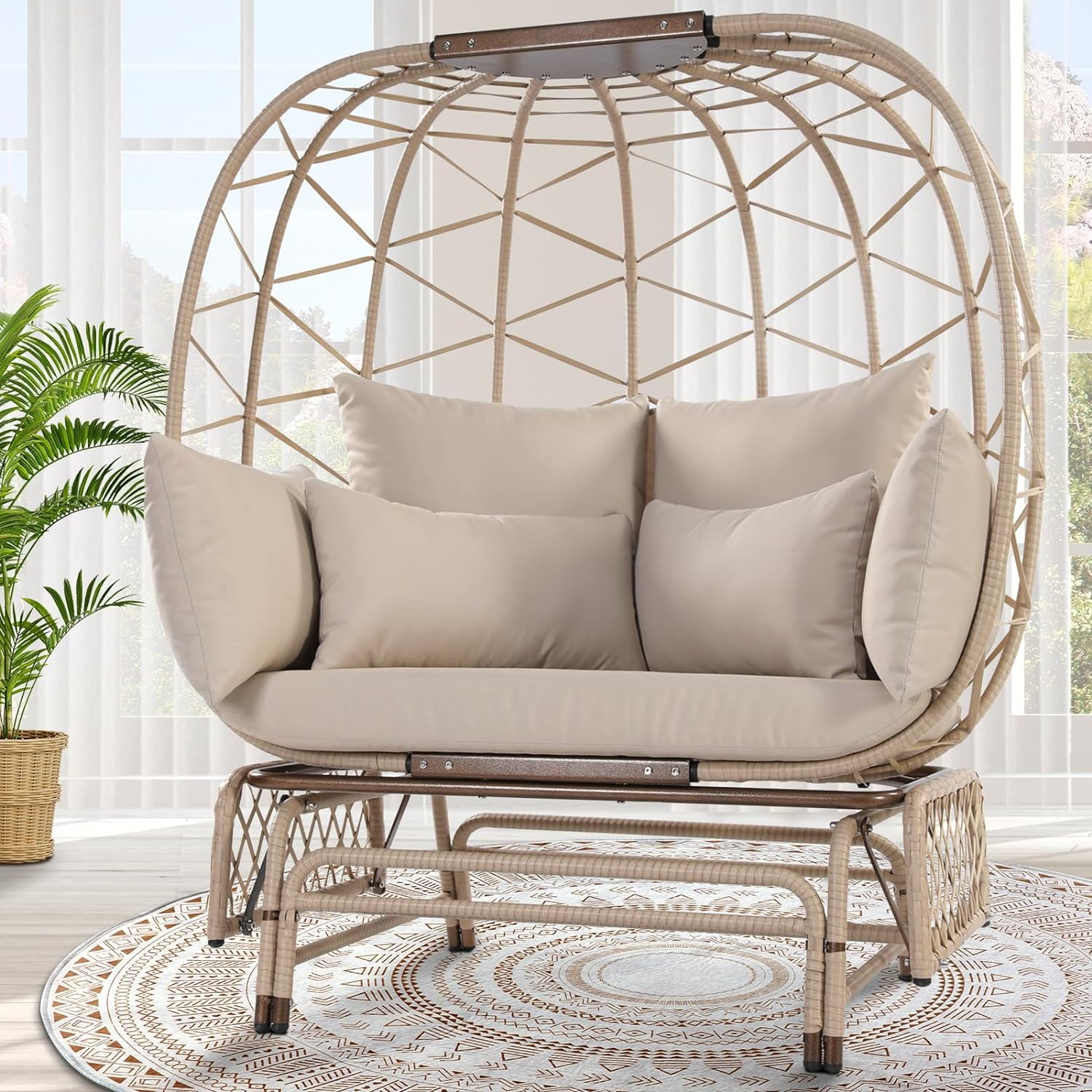 NICESOUL Beige Double Wicker Rocking Egg Chair Indoor Outdoor Oversized