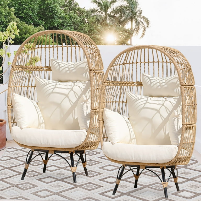 NICESOUL Beige Egg Chair Outdoor 2 Piece Lounge Chair Set Patio Wicker Egg Chairs with Legs 440lbs for Couples and Small Families