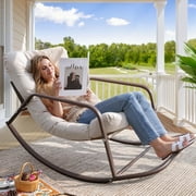 RADIATA Oversized Rocking Chair with Footrest, Patio Papasan Rocking Recliner for Indoor Outdoor Use, Heavy Duty Wicker Lounge Chair, 450lbs, Beige