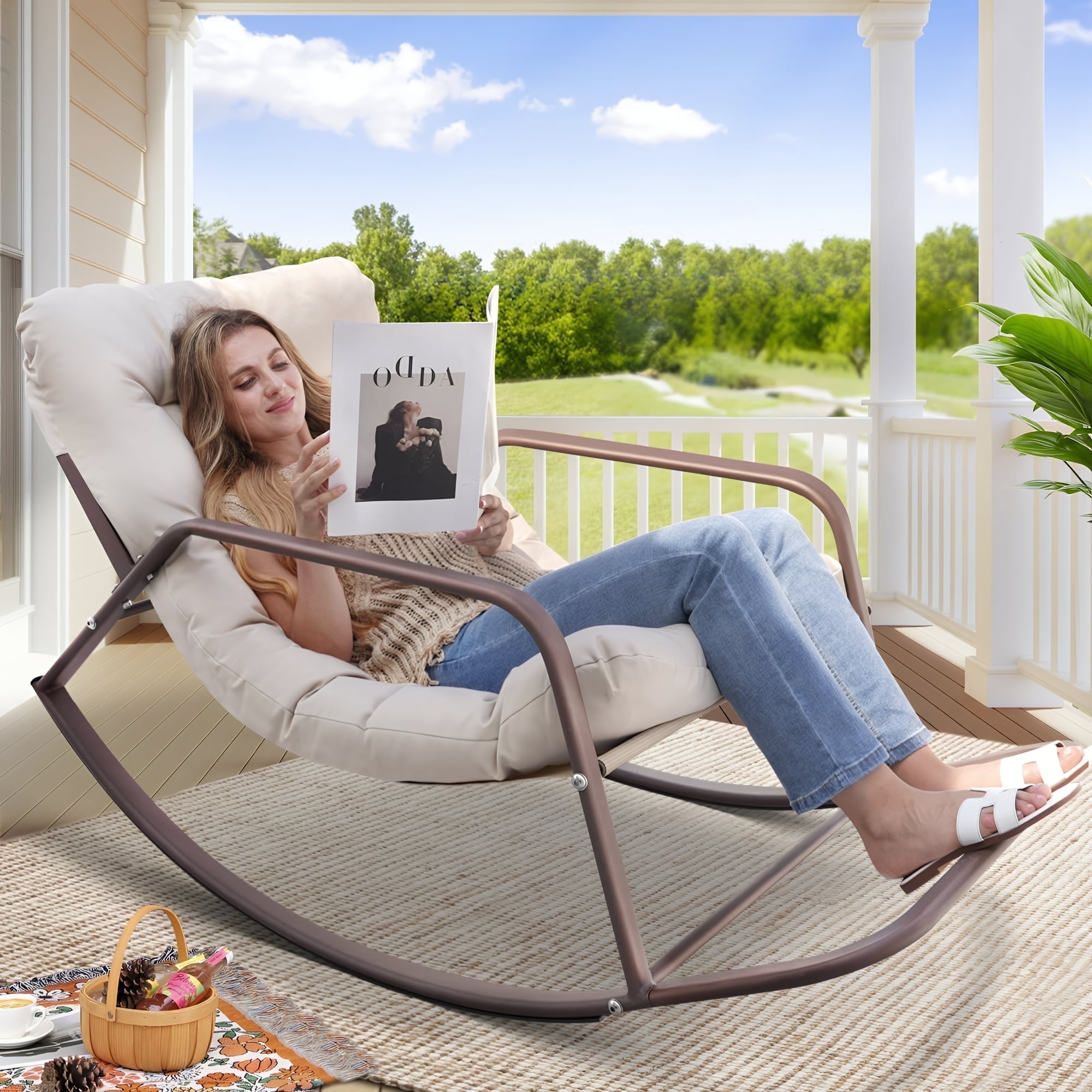 NICESOUL Grey Oversized Indoor Outdoor Rocking Papasan Lounge Reclining Chair with Footrest 2 PCS