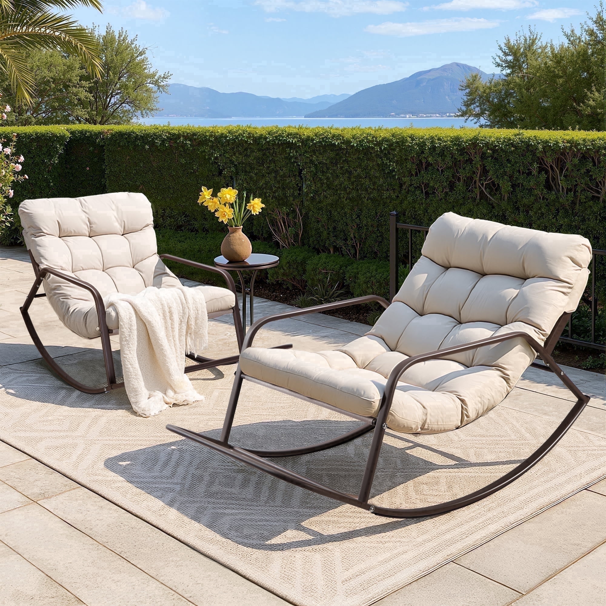 RADIATA Set of 2 Oversized Patio Rocking Chairs with Footrest, Papasan-Style Lounge Rocker, Heavy Duty Steel Frame, Indoor Outdoor Use, 400 lbs Capacity, Beige