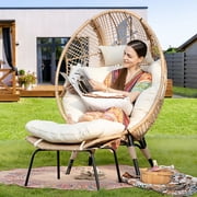 NICESOUL Beige Oversized Wicker Egg Chair with Legs and Ottoman Outdoor Indoor Large Egg Basket Lounge Chair with Footstool for Bedroom Patio Balcony Front Porch Garden