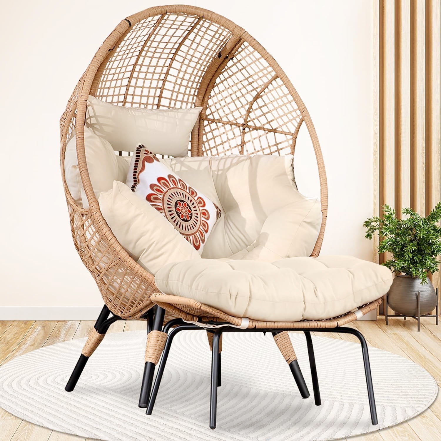 NICESOUL Beige Oversized Wicker Egg Chair with Legs and Ottoman Outdoor